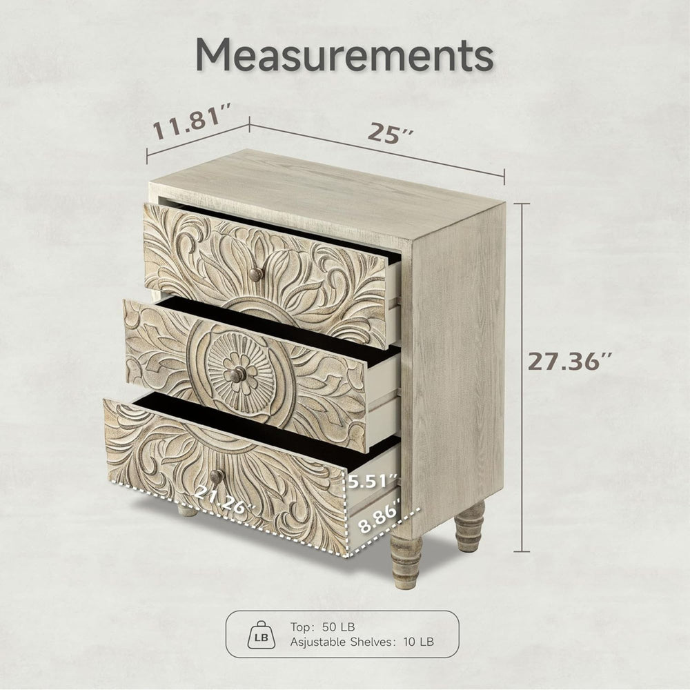 COZAYH Farmhouse 3 Drawer Home Bedroom Dresser w/Embossed Flower Motif(Open Box) - VMInnovations