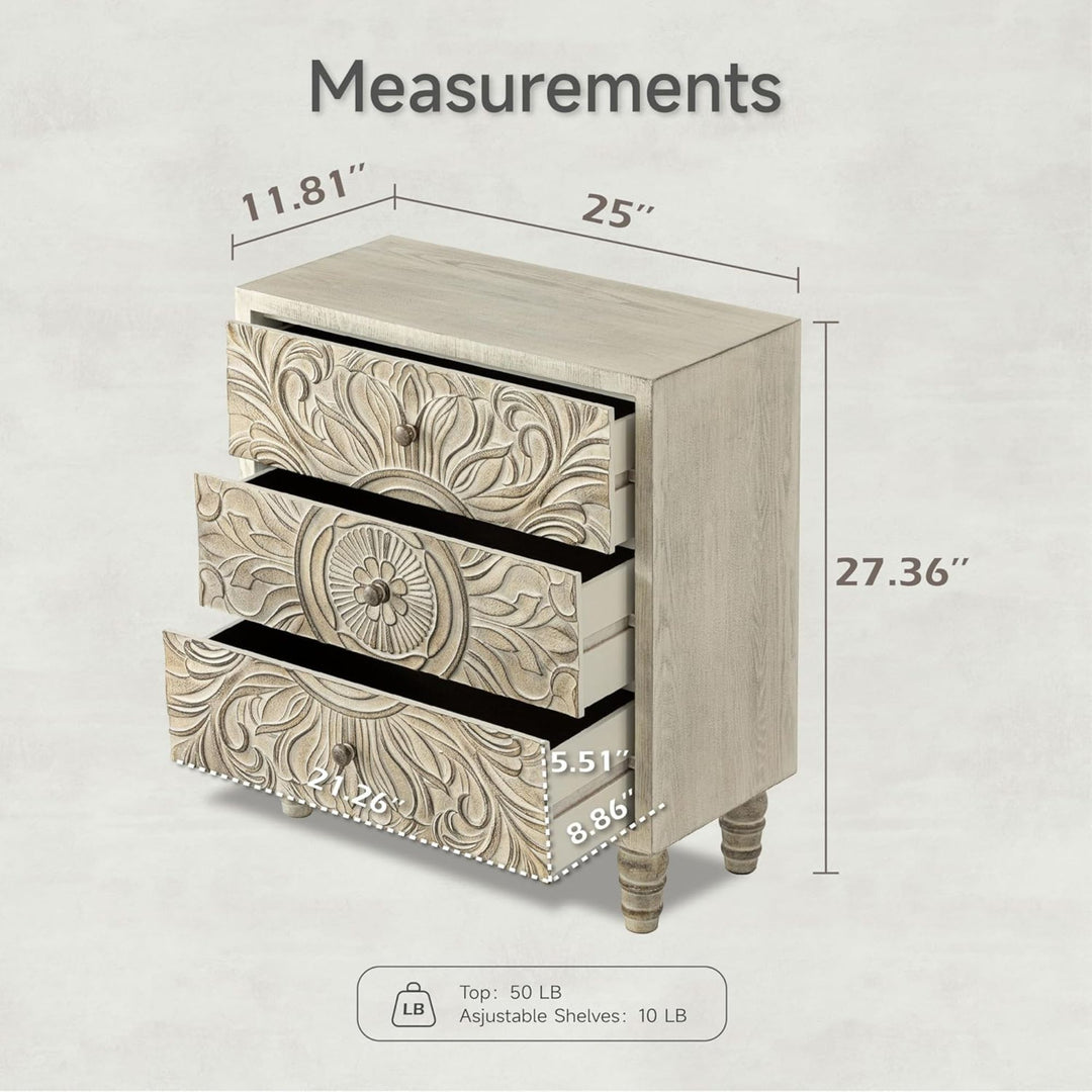 COZAYH Farmhouse 3 Drawer Home Bedroom Dresser w/Embossed Flower Motif(Open Box) - VMInnovations