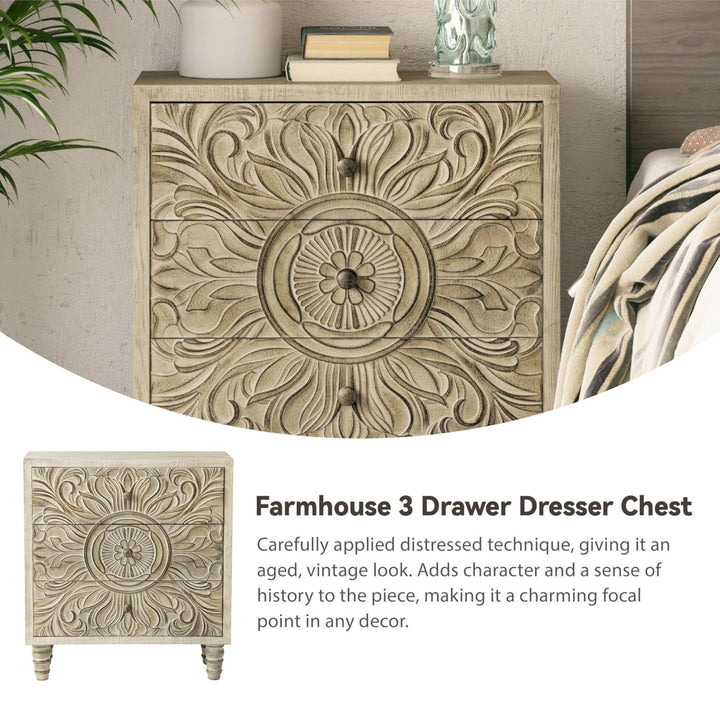 COZAYH Farmhouse 3 Drawer Home Bedroom Dresser w/Embossed Flower Motif(Open Box)