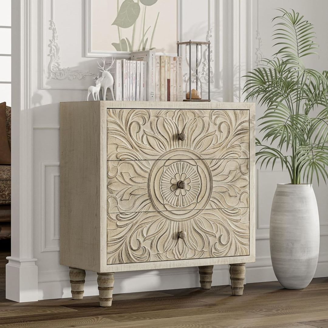 COZAYH Farmhouse 3 Drawer Home Bedroom Dresser w/Embossed Flower Motif(Open Box)