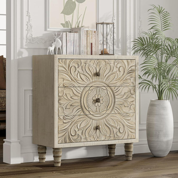 COZAYH Farmhouse 3 Drawer Home Bedroom Dresser w/Embossed Flower Motif(Open Box)