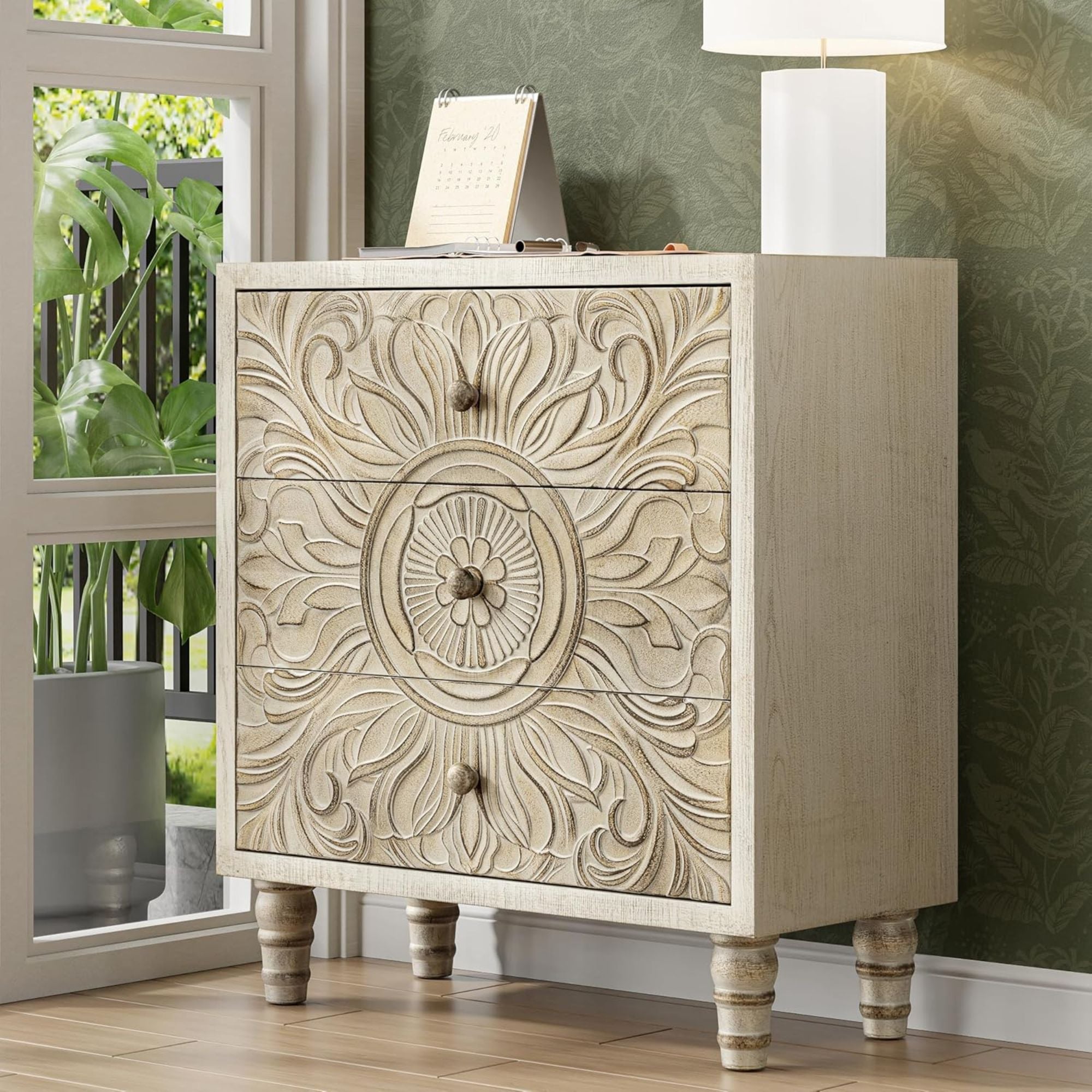 COZAYH Farmhouse 3 Drawer Home Bedroom Dresser with Flower Motif Front, Set of 2