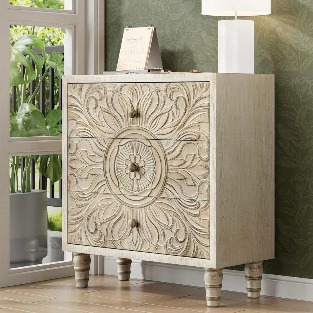 COZAYH Farmhouse 3 Drawer Home Bedroom Dresser w/Embossed Flower Motif(Open Box)
