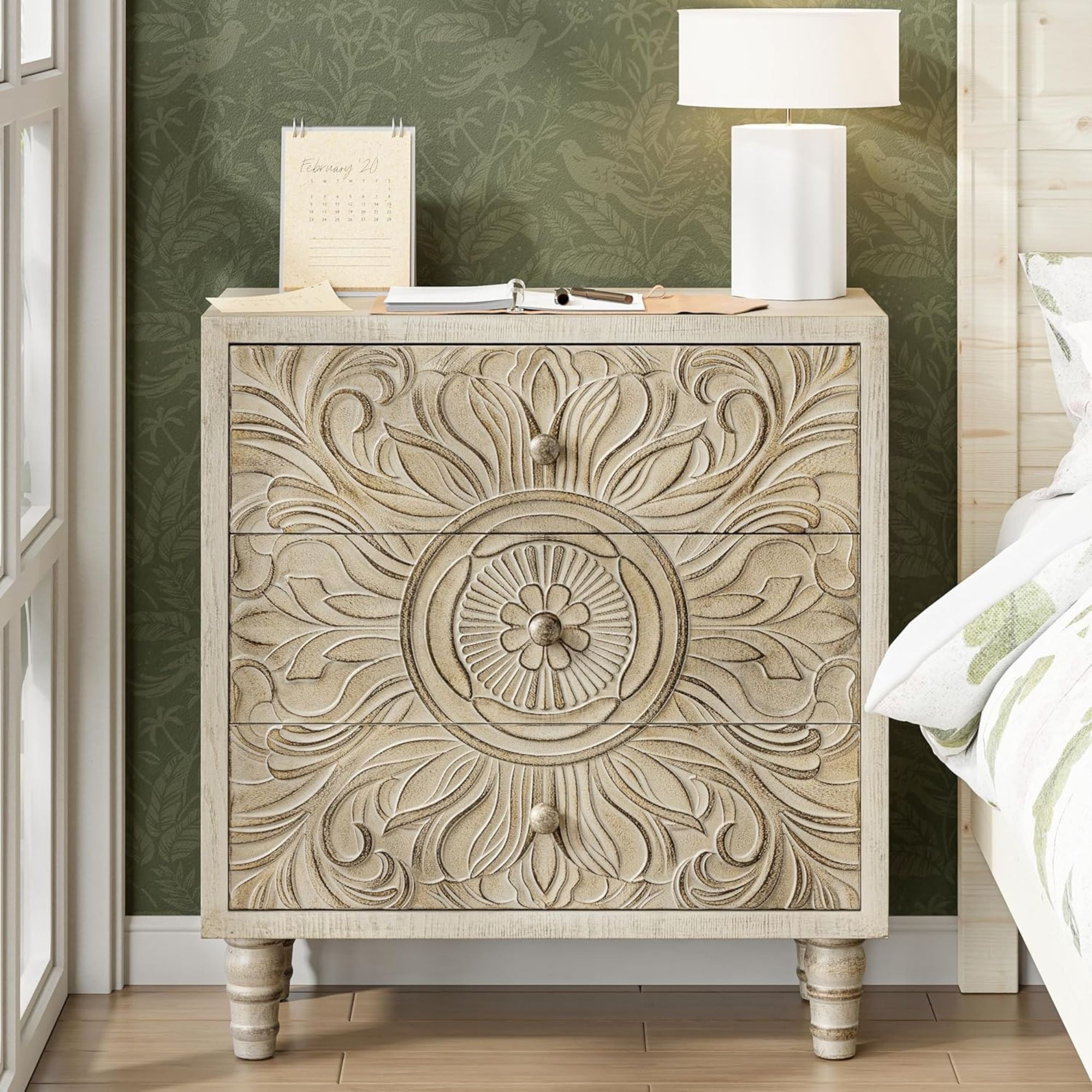 COZAYH Farmhouse 3 Drawer Home Bedroom Dresser with Flower Motif Front, Set of 2