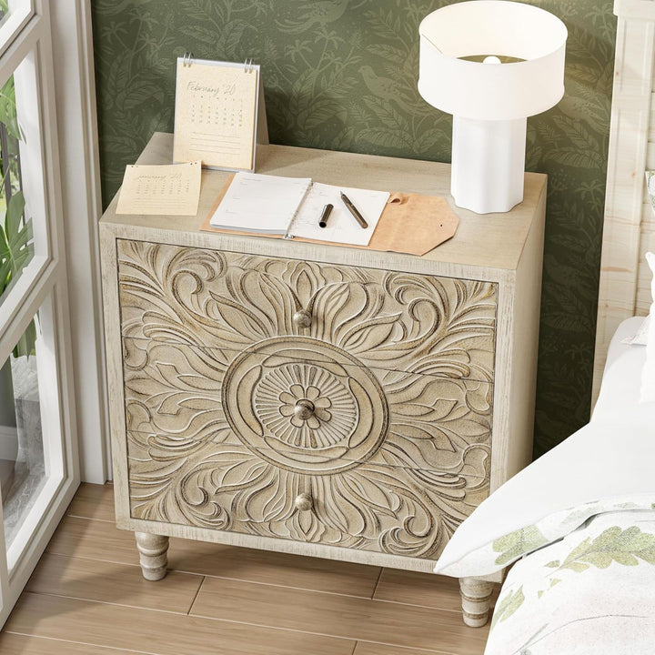 COZAYH Farmhouse 3 Drawer Home Bedroom Dresser w/Embossed Flower Motif(Open Box)