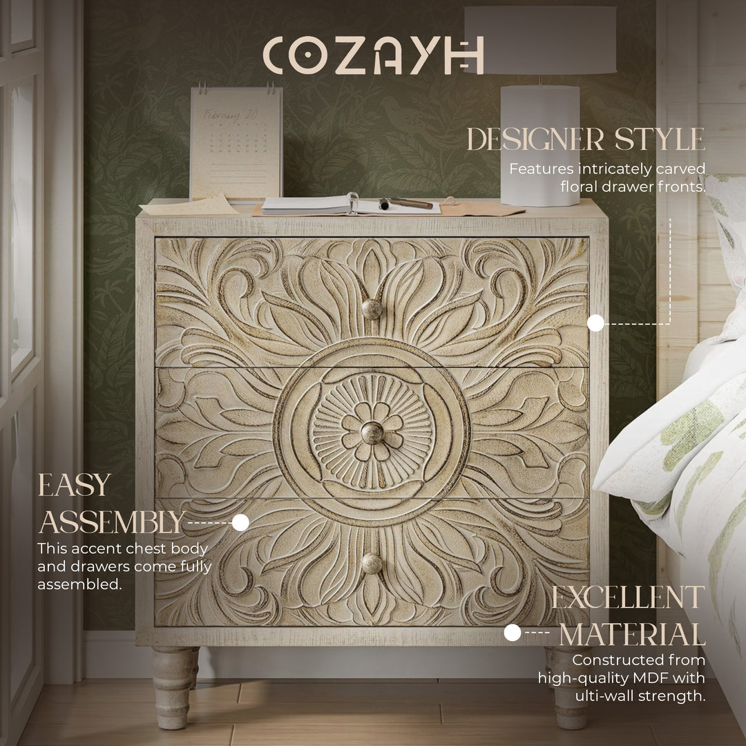 COZAYH Farmhouse 3 Drawer Home Bedroom Dresser with Embossed Flower Motif Front