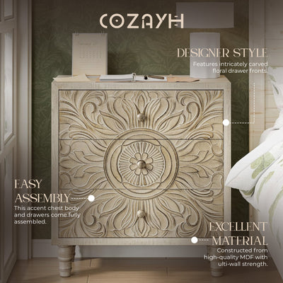 COZAYH Farmhouse 3 Drawer Home Bedroom Dresser with Flower Motif Front, Set of 2