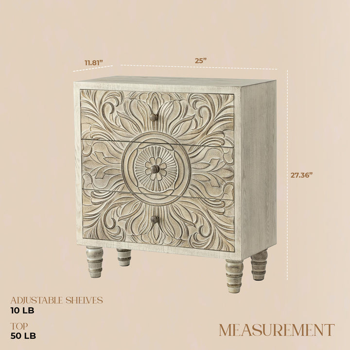 COZAYH Farmhouse 3 Drawer Home Bedroom Dresser with Embossed Flower Motif Front