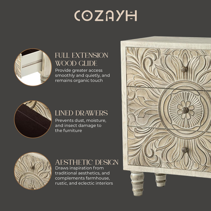 COZAYH Farmhouse 3 Drawer Home Bedroom Dresser with Embossed Flower Motif Front