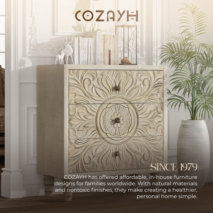 COZAYH Farmhouse 3 Drawer Home Bedroom Dresser with Embossed Flower Motif Front