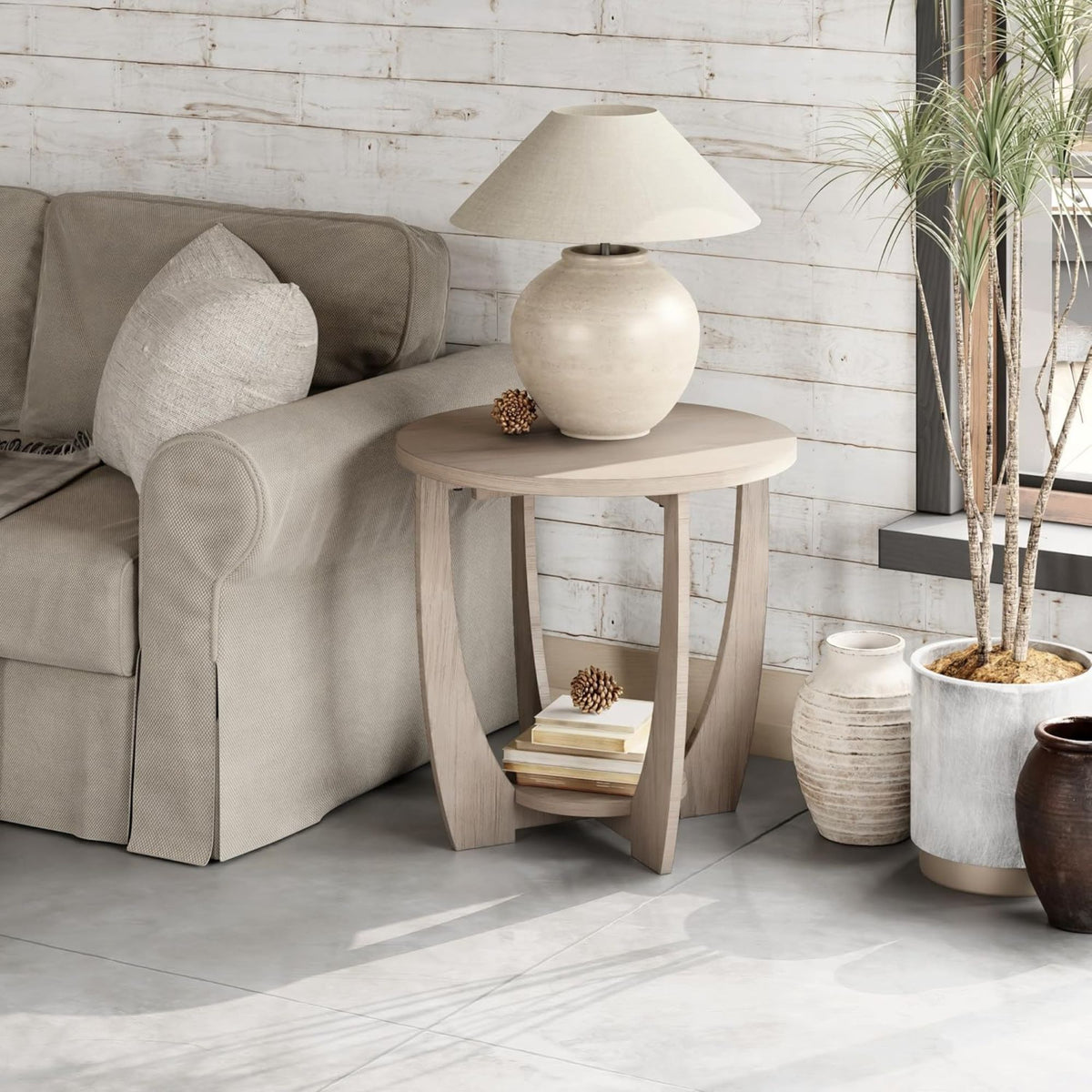 COZAYH Rustic Farmhouse Round End Table with Storage Shelf for Living Room(Used)