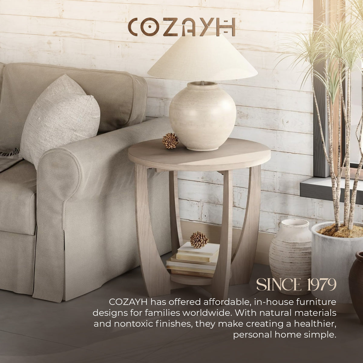 COZAYH Rustic Farmhouse Round End Table with Storage Shelf for Living Room(Used)