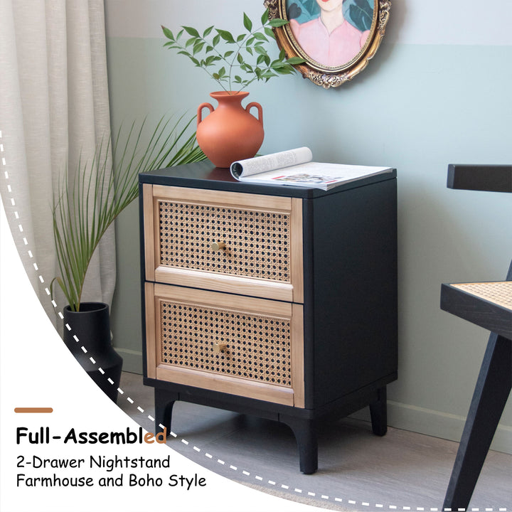 COZAYH Modern Farmhouse 2 Drawer Bedroom Nightstand, Bedside End Table, Black