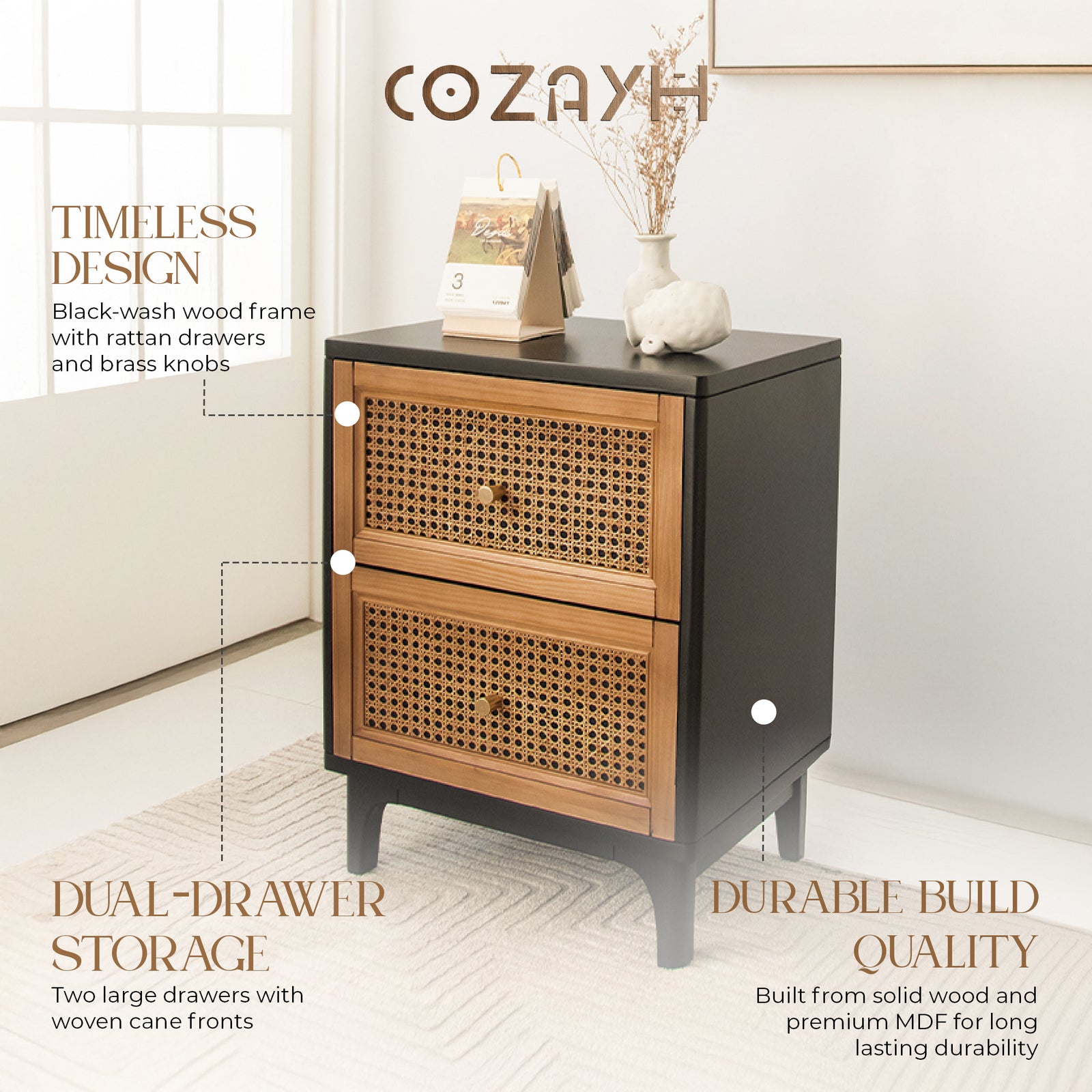 COZAYH Farmhouse 2 Drawer Bedroom Nightstand, Bedside End Table, Black(Open Box) - VMInnovations