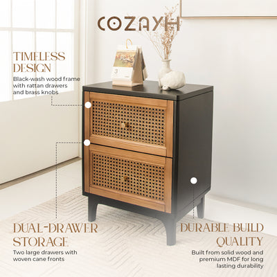 COZAYH Modern Farmhouse 2 Drawer Nightstand, Bedside End Table, Black, Set of 2