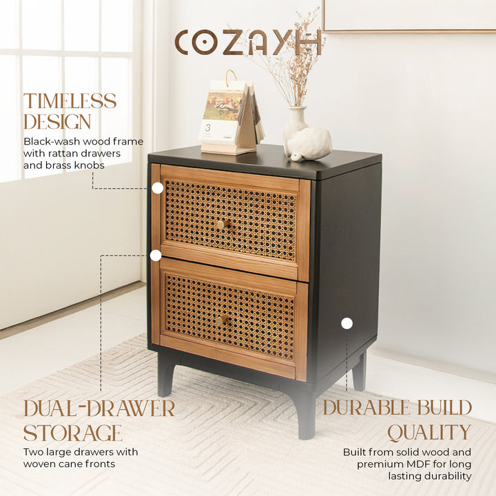 COZAYH Farmhouse 2 Drawer Bedroom Nightstand, Bedside End Table, Black(Open Box)