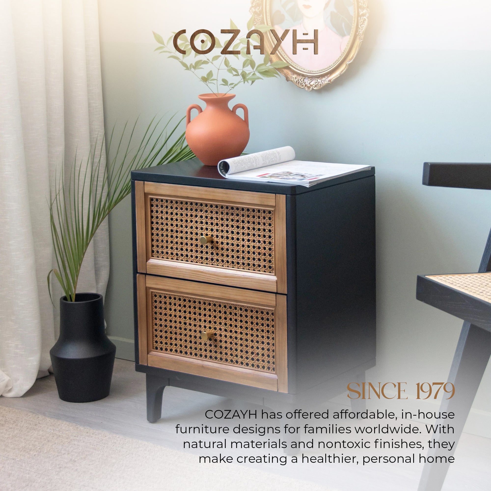 COZAYH Modern Farmhouse 2 Drawer Nightstand, Bedside End Table, Black, Set of 2