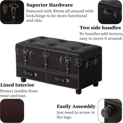 COZAYH Vintage Storage Bench, Upholstered Wooden Ottoman Chest, Black, Set of 2 - VMInnovations