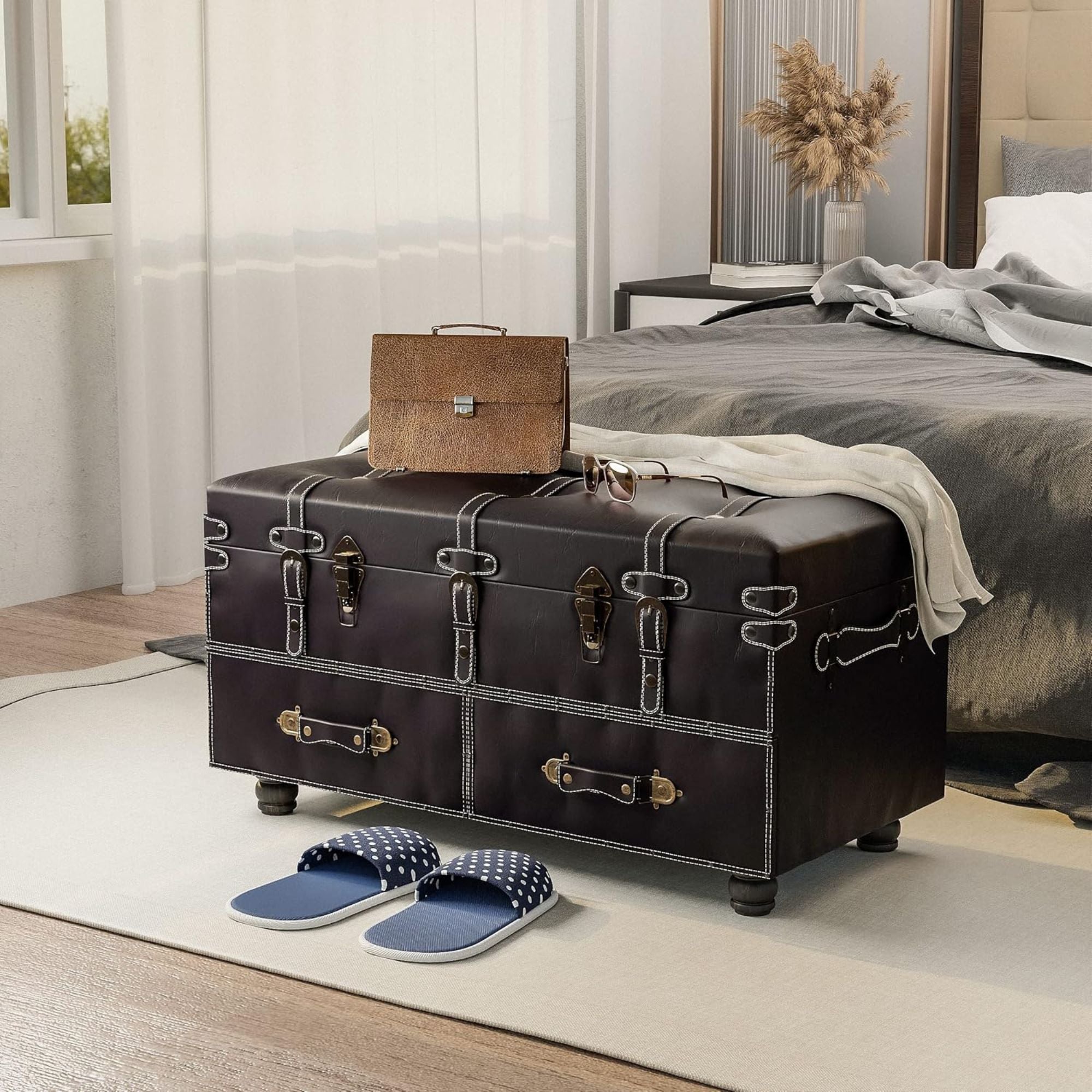 COZAYH Vintage Storage Bench, Upholstered Wooden Ottoman Bed Chest Box (Used)