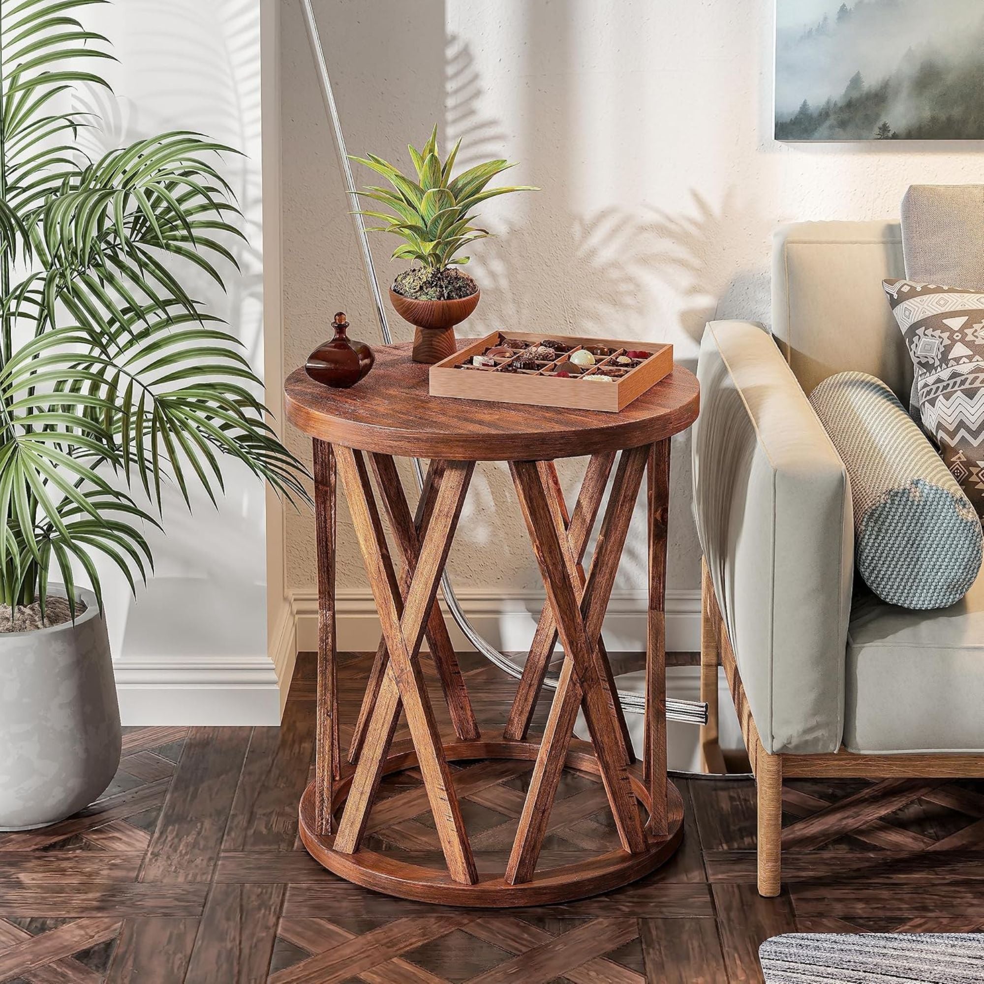 COZAYH Farmhouse End Table, Rustic Side Table with X-Motifs Legs, Brown (Used) - VMInnovations