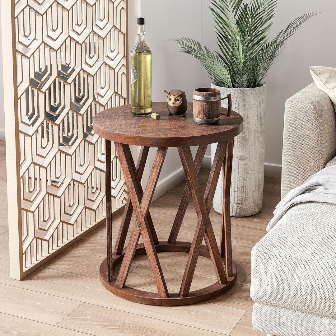 COZAYH Farmhouse End Table, Rustic Round Top with X-Motifs Legs, Brown, Set of 2