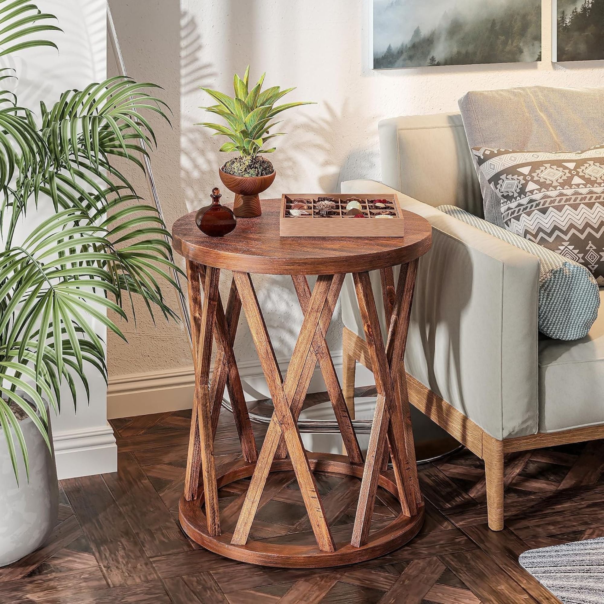 COZAYH Farmhouse End Table, Rustic Side Table w/X-Motifs Legs, Brown (Open Box)