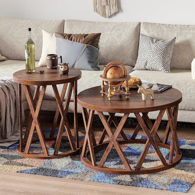 COZAYH Farmhouse End Table, Rustic Side Table w/X-Motifs Legs, Brown (Open Box)