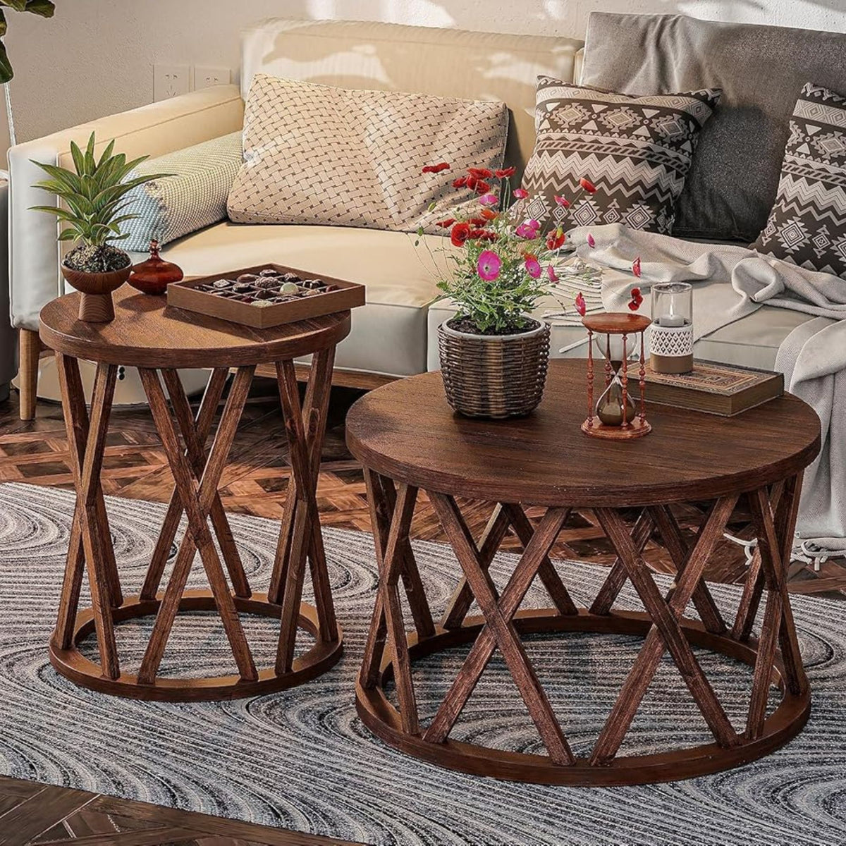 COZAYH Farmhouse End Table, Rustic Side Table w/X-Motifs Legs, Brown (Open Box) - VMInnovations