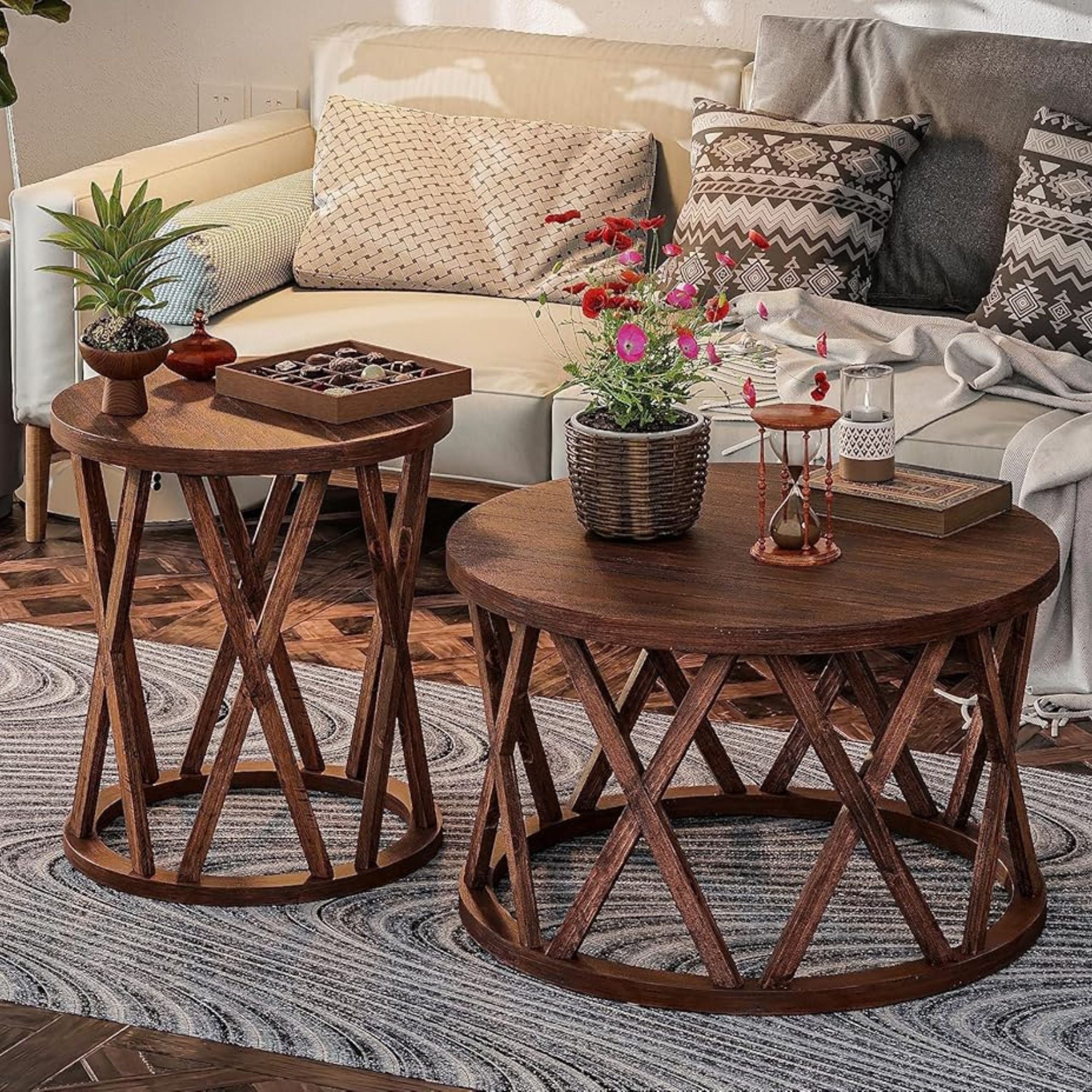 COZAYH Farmhouse End Table, Rustic Side Table with X-Motifs Legs, Brown (Used) - VMInnovations
