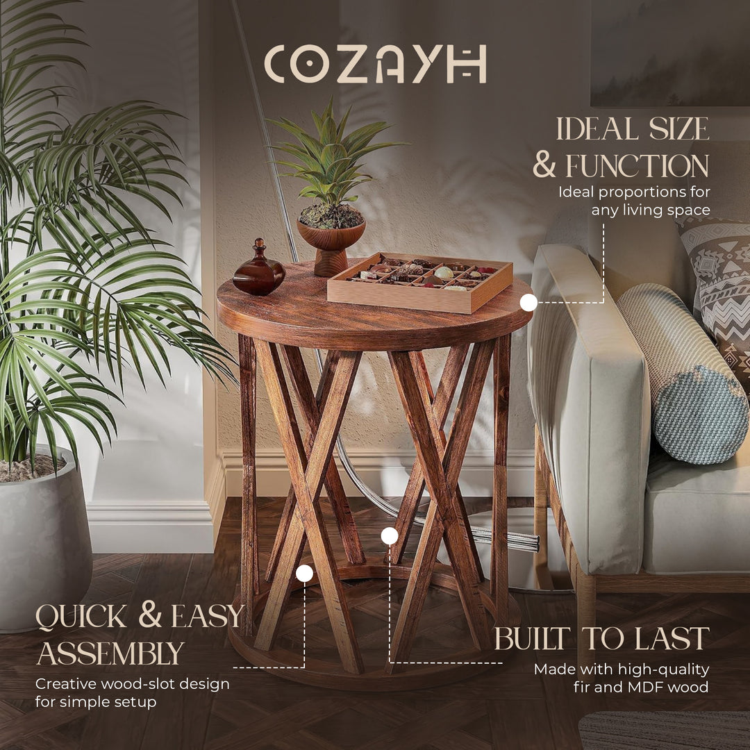 COZAYH Farmhouse End Table, Rustic Round Side Table with X-Motifs Legs, Brown