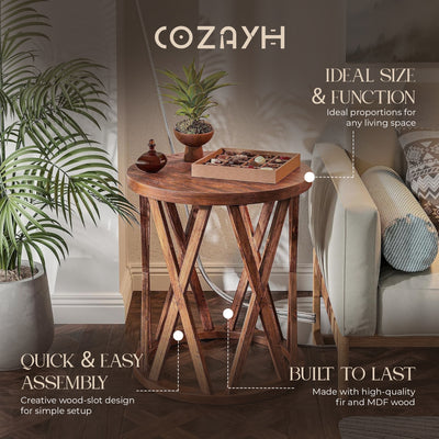 COZAYH Farmhouse End Table, Rustic Side Table w/X-Motifs Legs, Brown (Open Box)