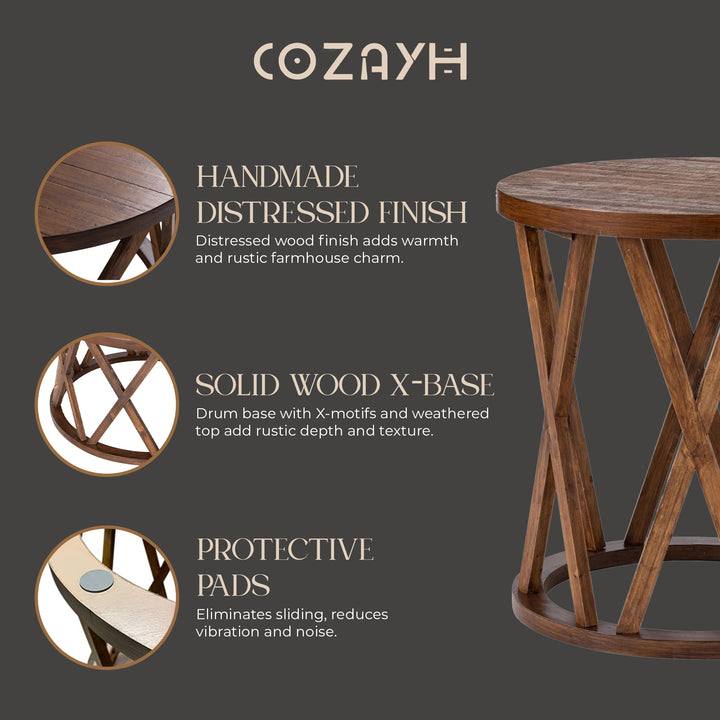 COZAYH Farmhouse End Table, Rustic Side Table with X-Motifs Legs, Brown (Used)