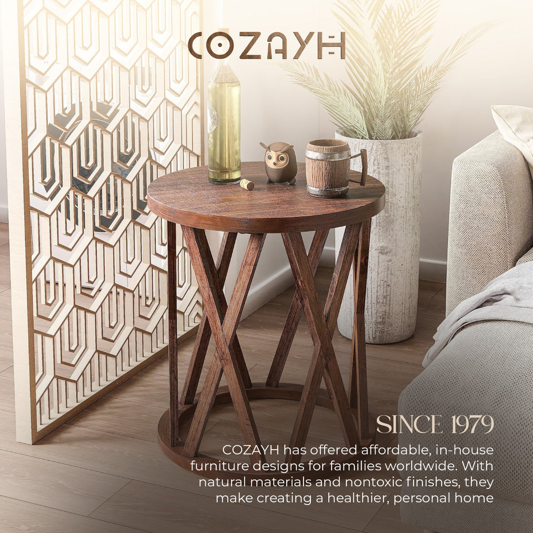 COZAYH Farmhouse End Table, Rustic Side Table w/X-Motifs Legs, Brown (Open Box)