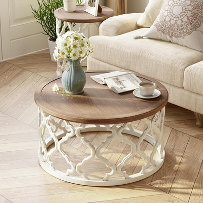 COZAYH Farmhouse Round Coffee Table, Distressed Wood Tray Top for Home, White (Open Box)