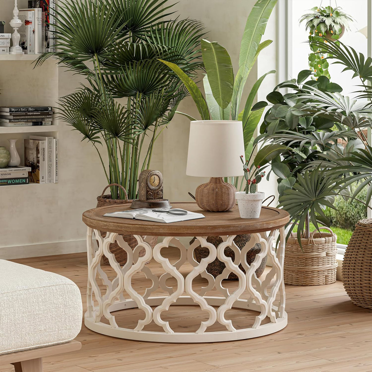 COZAYH Farmhouse Round Coffee Table, Distressed Wood Tray Top for Home, White (Open Box)