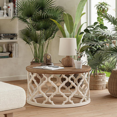 COZAYH Farmhouse Round Coffee Table, Distressed Wood Tray Top for Home, White (Open Box)