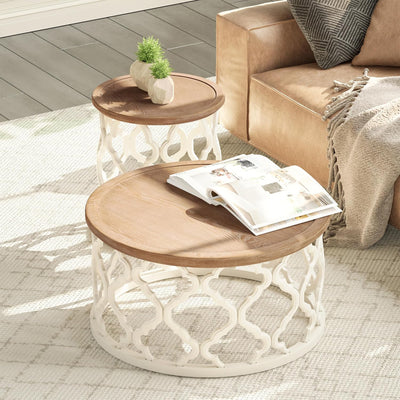 COZAYH Farmhouse Round Coffee Table, Distressed Wood Tray Top for Home, White (Open Box)