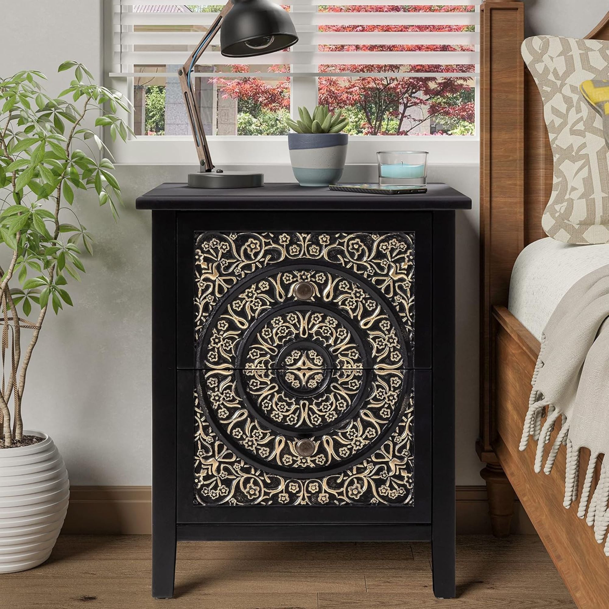 COZAYH Farmhouse 2 Drawer Bedroom Nightstand w/ Embossed Flower Motif, Set of 2 - VMInnovations