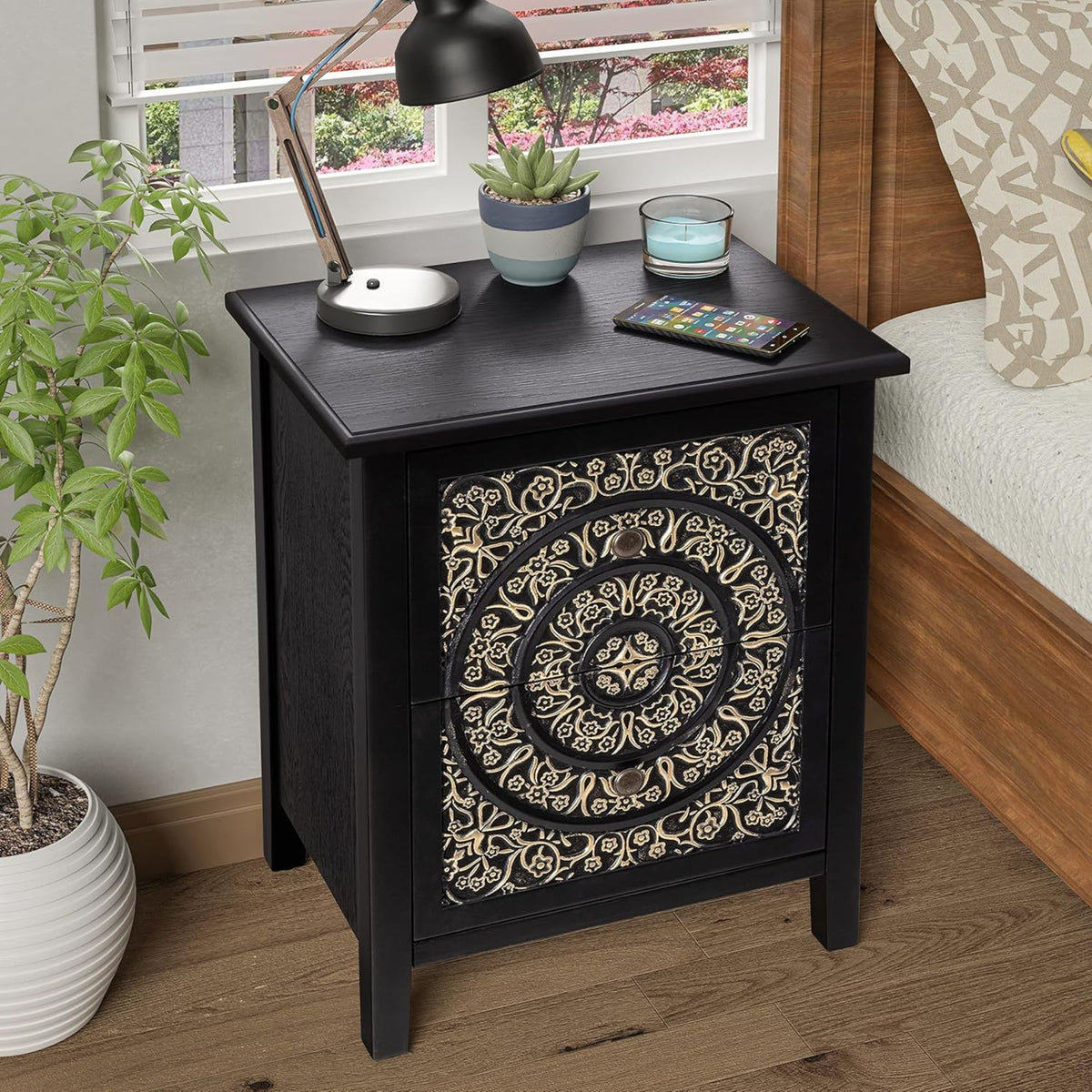 COZAYH Farmhouse 2 Drawer Home Bedroom Nightstand w/Embossed Flower  (Open Box)