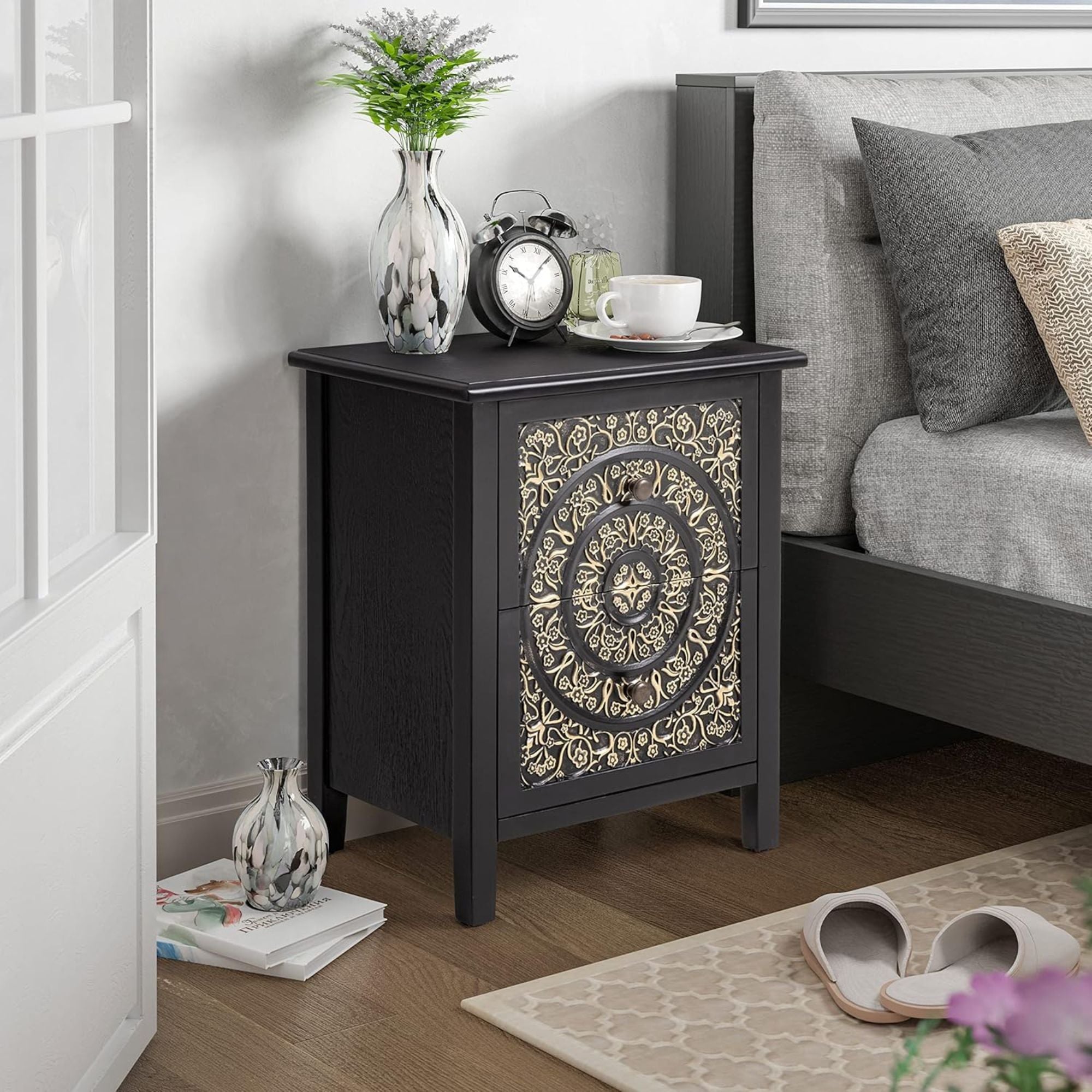 COZAYH Farmhouse 2 Drawer Bedroom Nightstand w/ Embossed Flower Motif, Set of 2 - VMInnovations