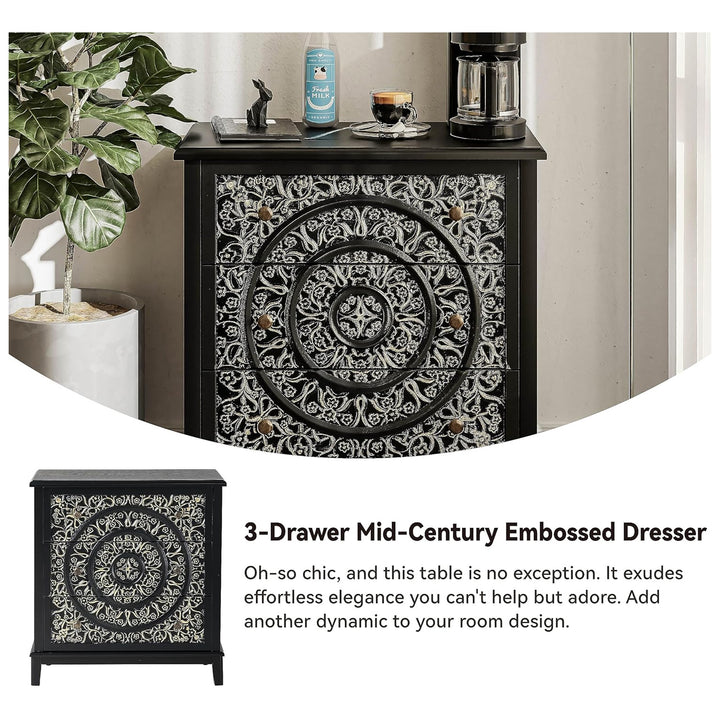 COZAYH 3-Drawer Flower Motif Dresser Fully Assembled Furniture, Gold & Black