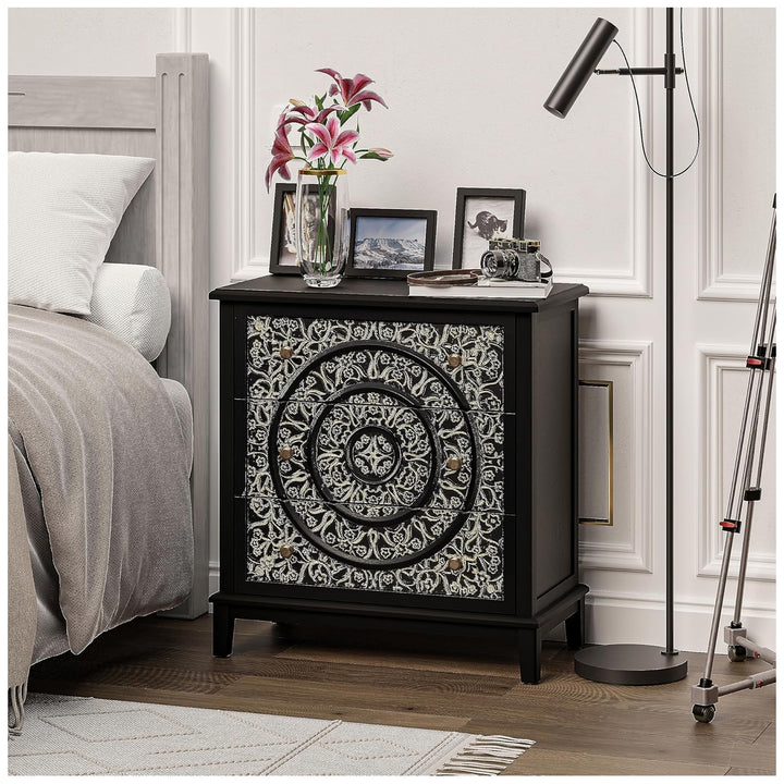COZAYH 3-Drawer Flower Motif Dresser Fully Assembled Furniture, Gold & Black