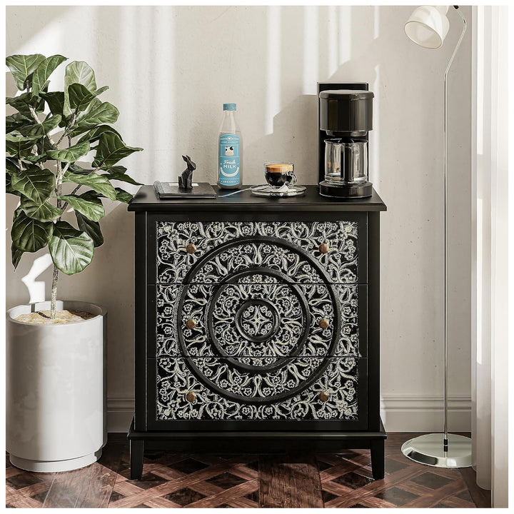 COZAYH 3-Drawer Flower Motif Dresser Fully Assembled Furniture, Gold & Black
