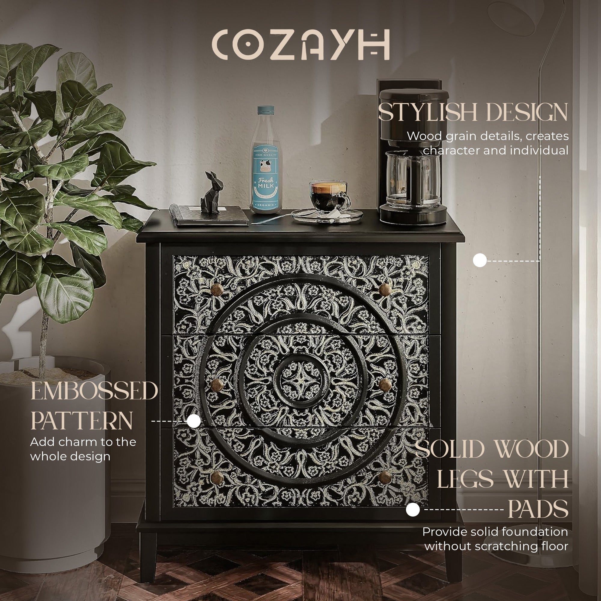 COZAYH 3-Drawer Flower Motif Dresser Fully Assembled Furniture, Gold & Black - VMInnovations