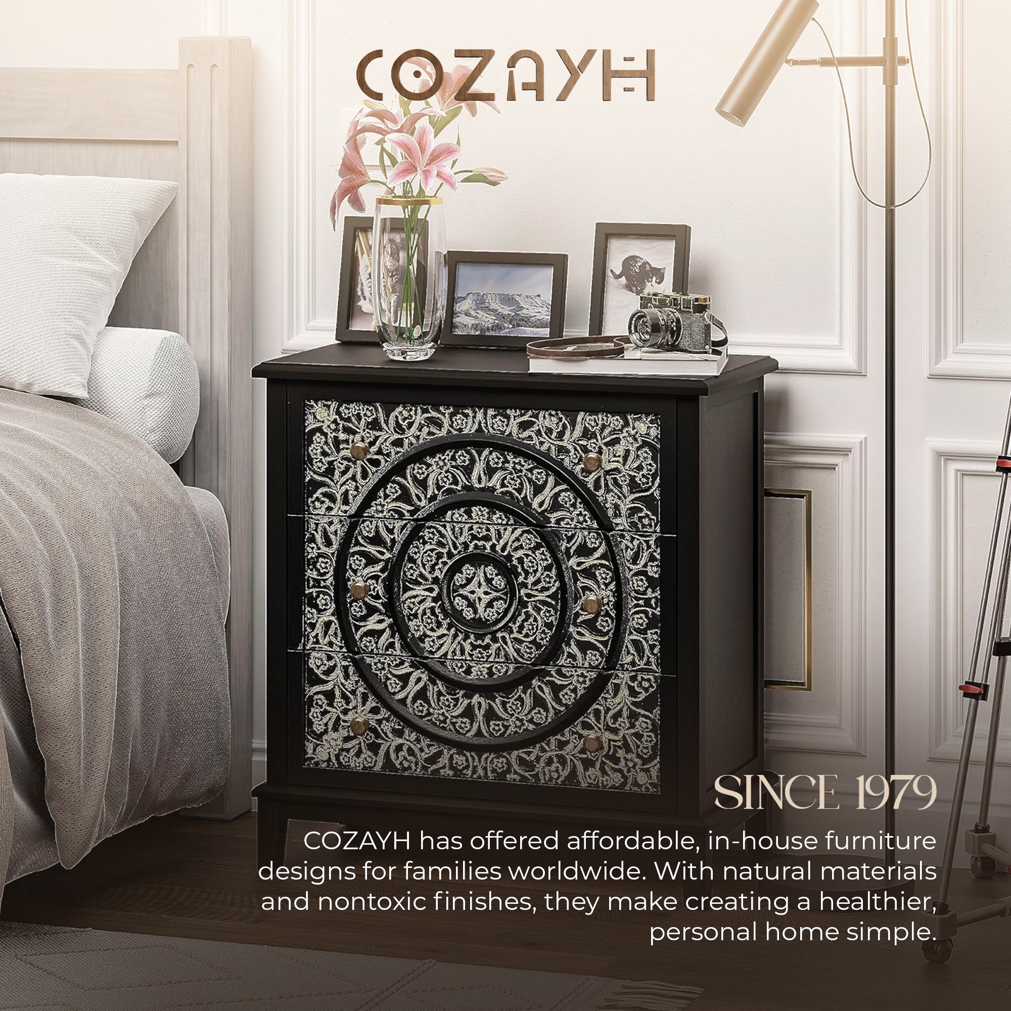 COZAYH 3-Drawer Flower Motif Dresser Fully Assembled Furniture, Gold & Black - VMInnovations