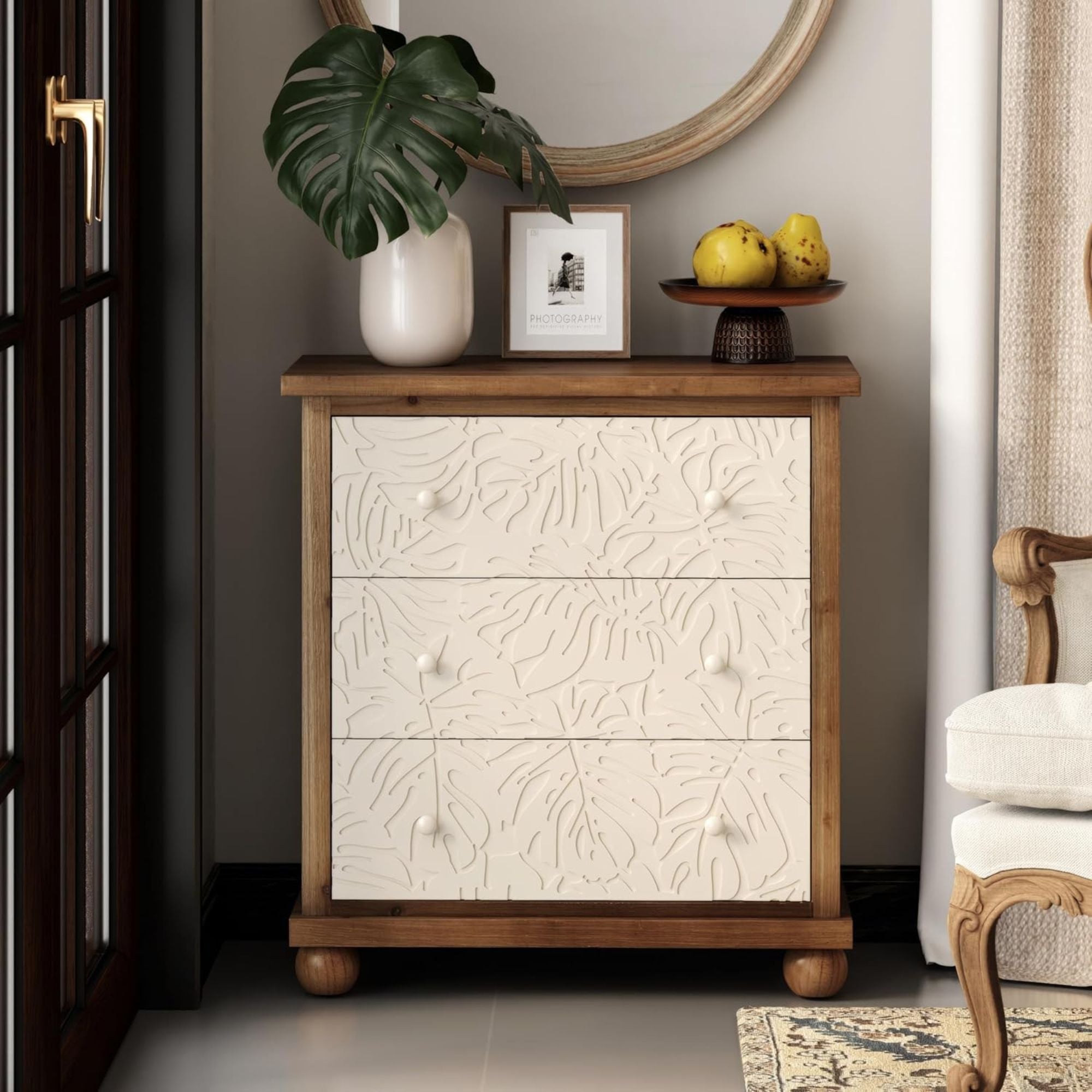 COZAYH Rustic Farmhouse Dresser w/Carved Leaves Pattern & 3 Drawers (Open Box) - VMInnovations