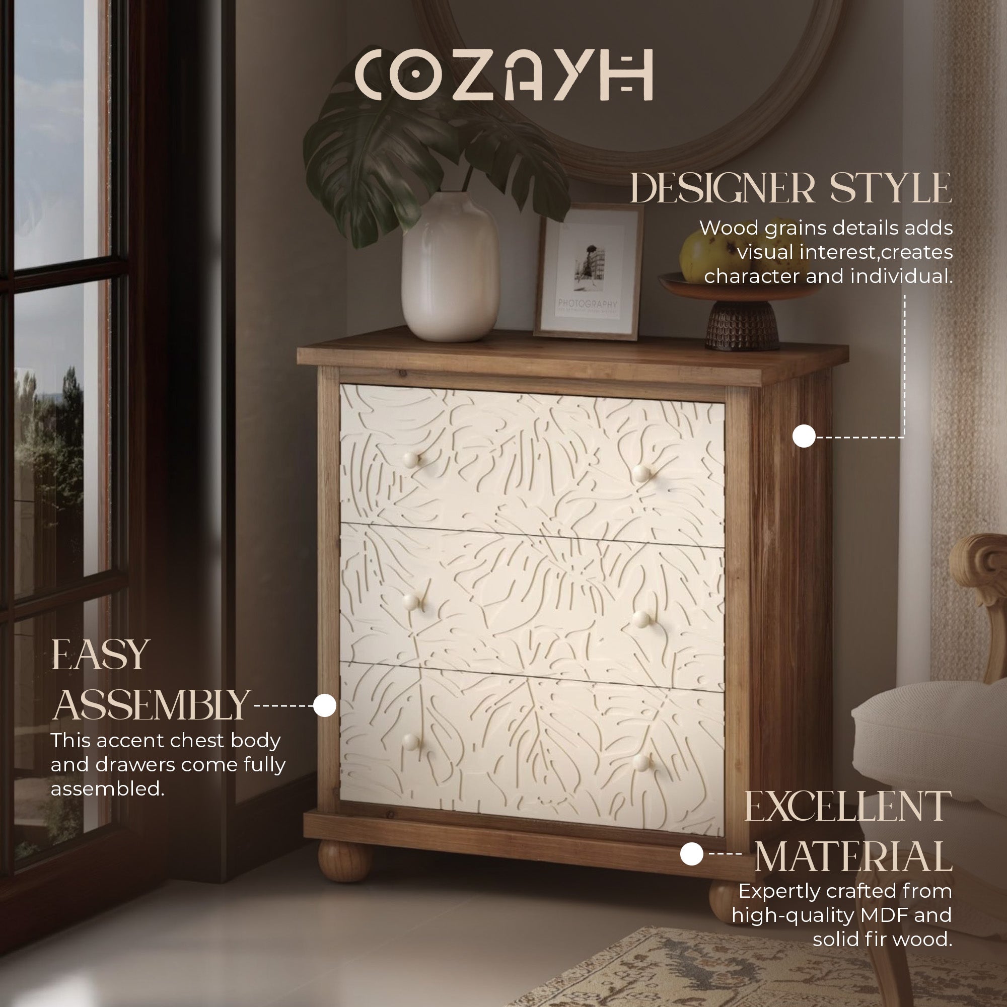 COZAYH Rustic Farmhouse Dresser w/Carved Leaves Pattern & 3 Drawers (Open Box) - VMInnovations