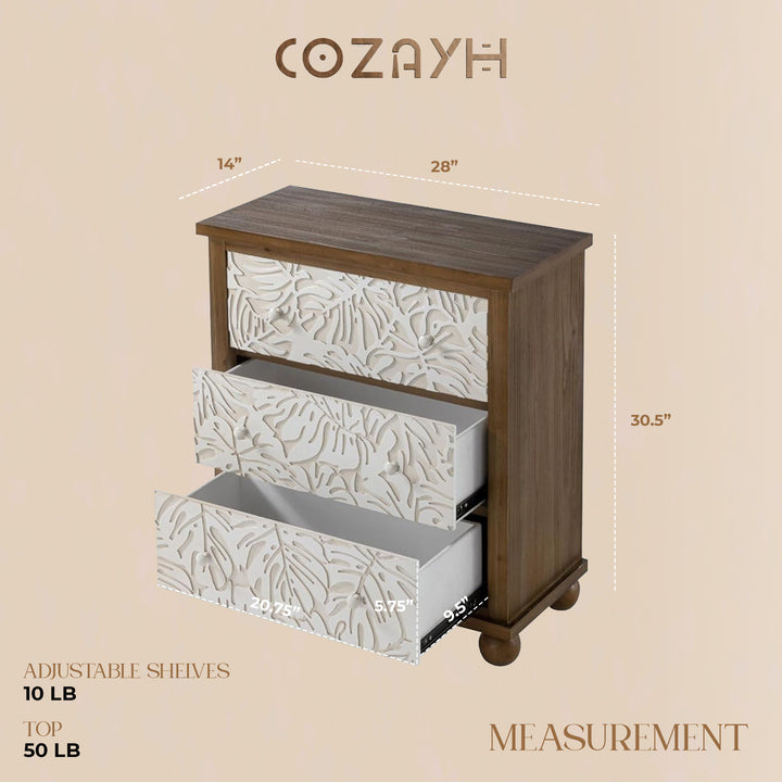 COZAYH Rustic Farmhouse Dresser with Carved Leaves Pattern and 3 Drawers, White