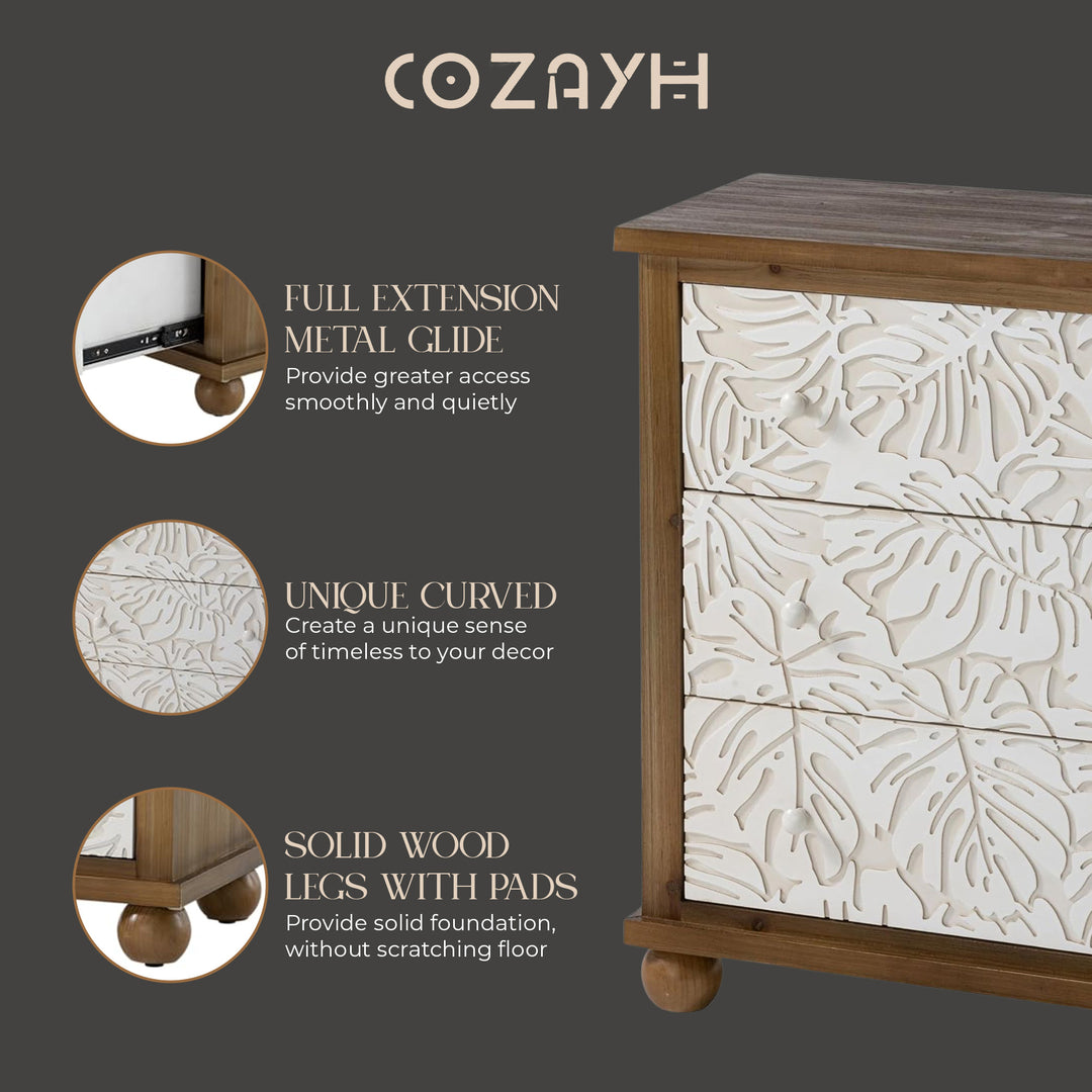 COZAYH Rustic Farmhouse Dresser with Carved Leaves Pattern and 3 Drawers, White