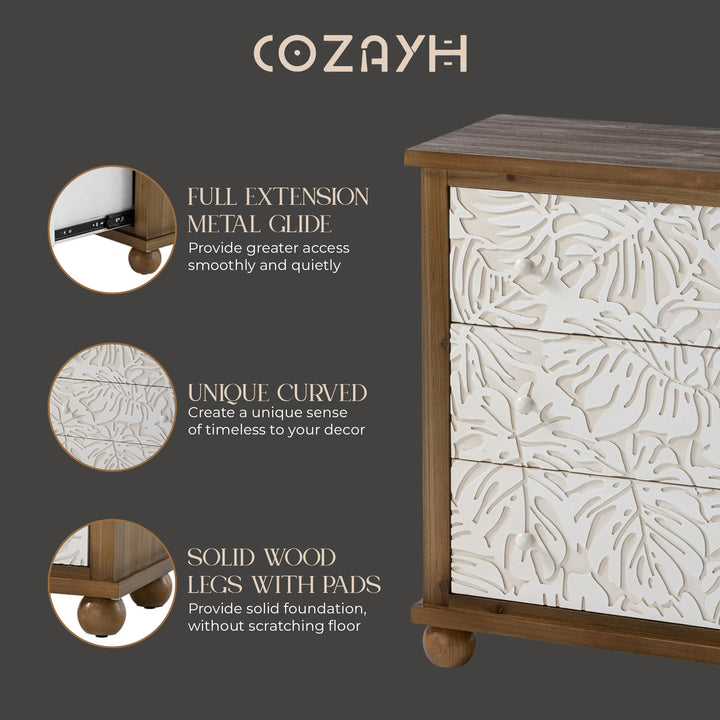 COZAYH Rustic Farmhouse Dresser with Carved Leaves Pattern and 3 Drawers, White